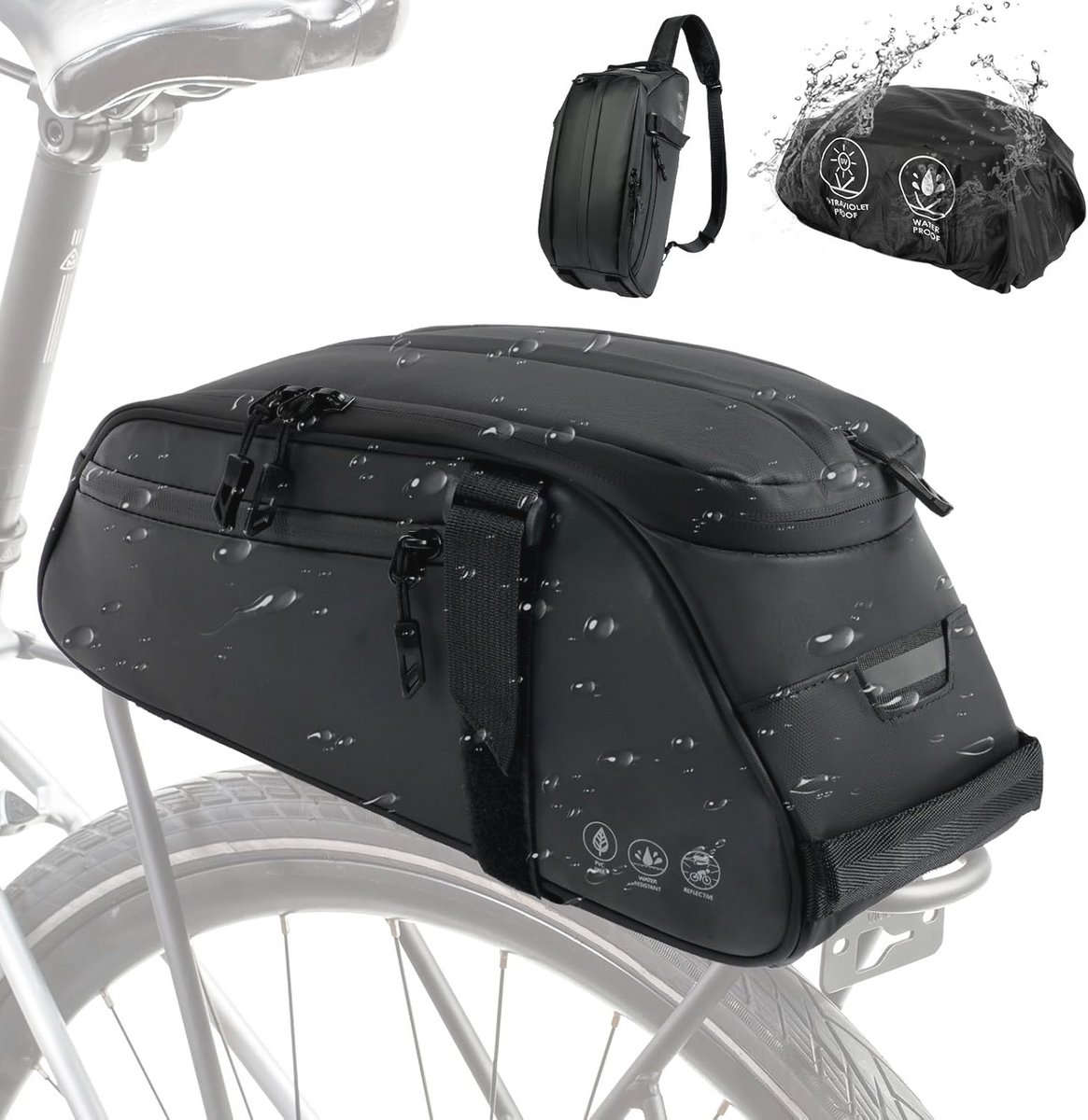2-in-1 fietstas voor bagagedrager, 8 liter, waterdicht en reflecterend, multifunctionele fiets tas met schouderriem en meerdere vakken