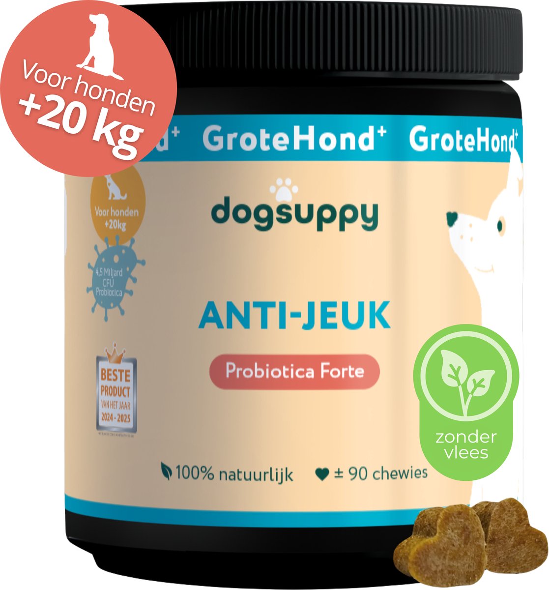 GroteHond⁺ Anti-Jeuk - Zonder vlees - 100% natuurlijk - 90 grote snoepjes - Bij Gevoelige Huid, Krabben, Poten likken en Allergieën - Ondersteunt Gezonde Darmflora, Rustige Huid & Natuurlijke Balans - Voor Grote Honden +20kg