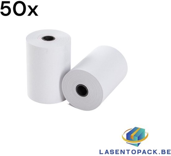 50x witte papieren kassarollen van 57x30x8 mm, BPA-vrij.