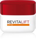 Witte pot met rode deksel van L'Oréal Revitalift dagcrème SPF 30.