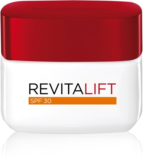 Witte pot met rode deksel van L'Oréal Revitalift dagcrème SPF 30.