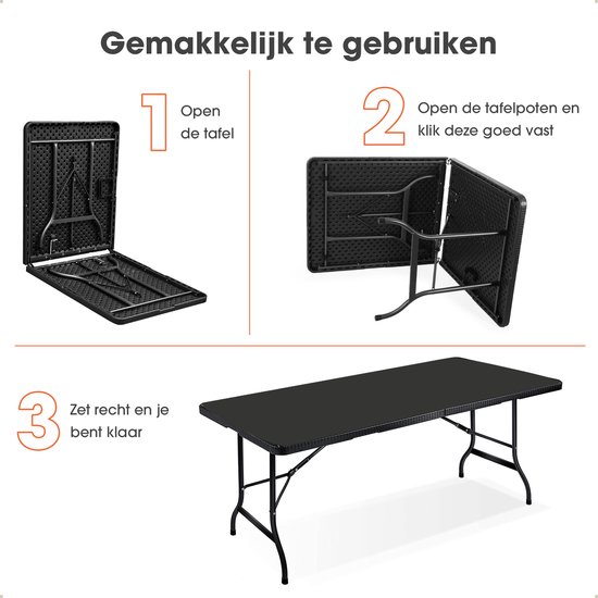 Afbeeldingen die de stappen tonen om de zwarte tafel te openen en op te zetten.