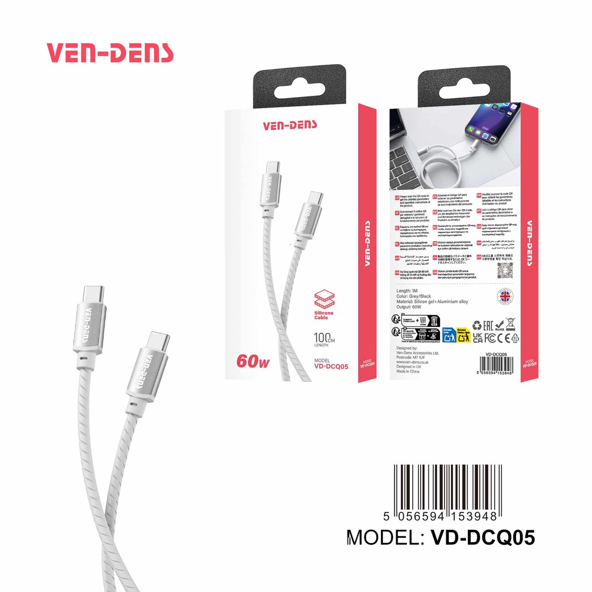 Ven-Dens - 60W Silicone Cable USB C To TYPE C Cable - 1 mtr - Grijs