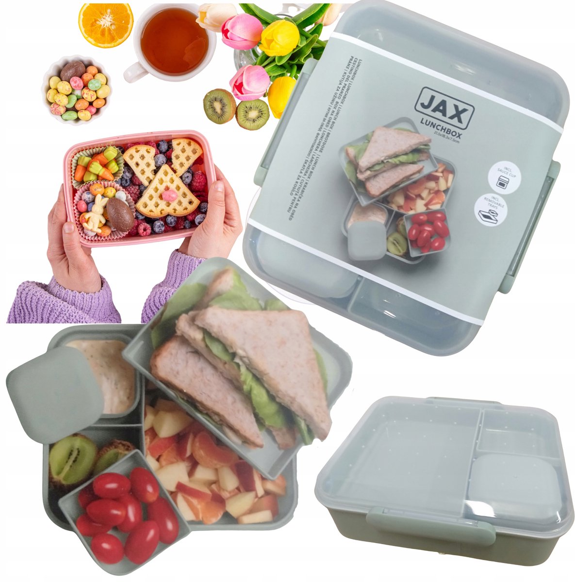 Grote Lunchbox 2900ml met 2 Vakken & Sausbakje - Groen