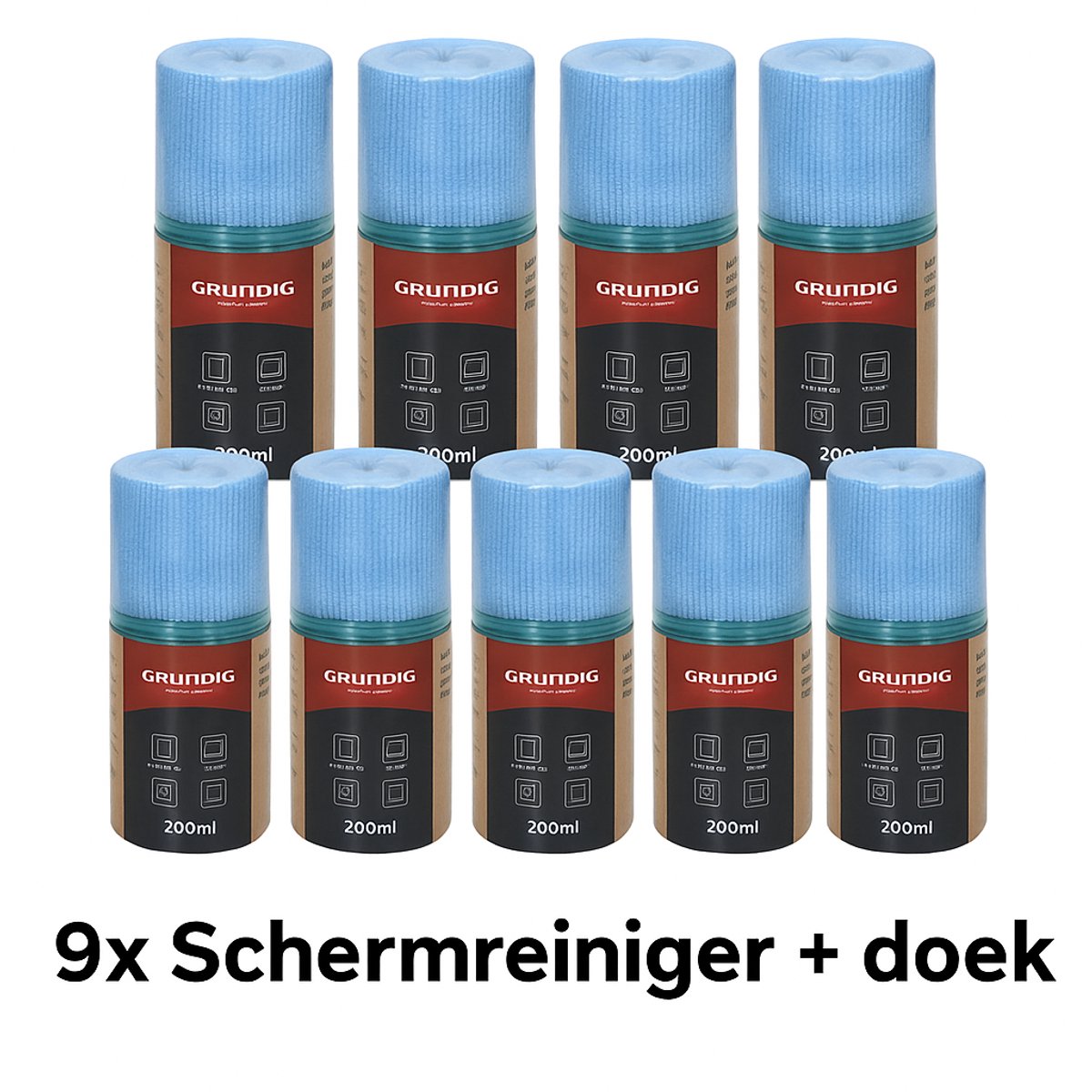 Grundig Screen Cleaning Spray – Set van 9 x 200 ml – Inclusief Microvezel Reinigingsdoek – Voor Streeploze Reiniging van Schermen, TV, Laptop, Smartphone & Tablet