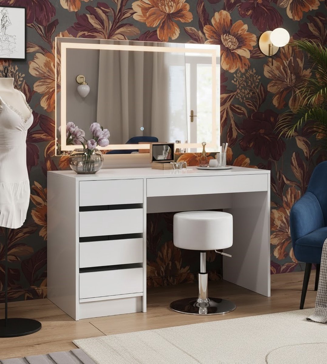 Glamour Make-up Kaptafel met LED Spiegel en 5 Lade-opslag – 120 x 55 x 75 cm – Elegant Wit – Novihome