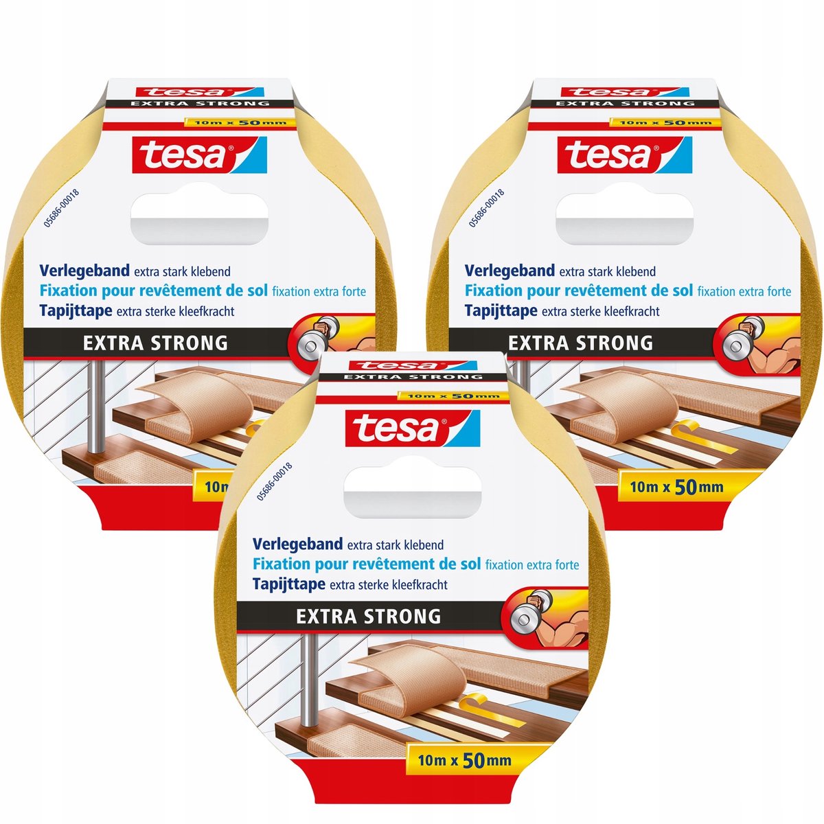 3x Tesa Extra Strong Dubbelzijdige Tape 10m x 50mm