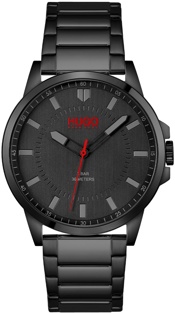 HUGO HU1530187 #FIRST Heren Horloge - Mineraalglas - Staal - Zwart - 43 mm breed - Quartz - Vouw-Vlindersluiting - 3 ATM (spatwater)
