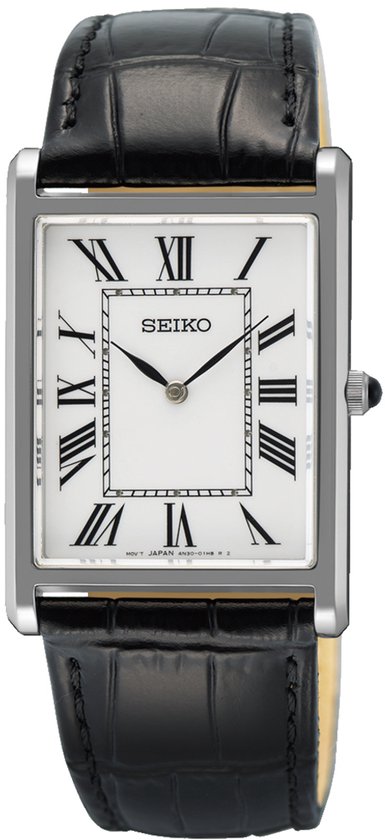 Zilverkleurig Seiko horloge met witte wijzerplaat, Romeinse cijfers en zwarte band van krokodillenleer.