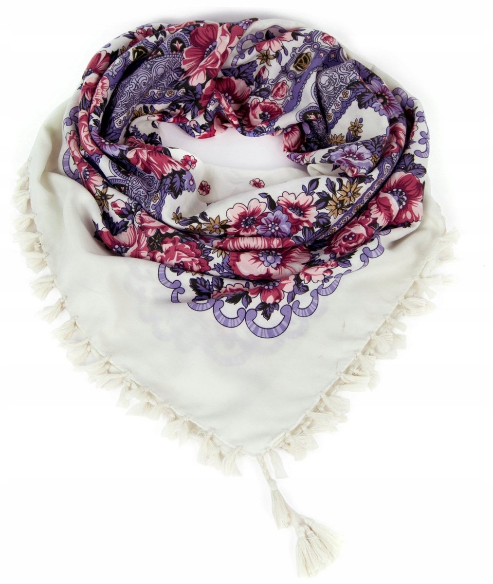 Folkloristische sjaal 'Ludowa Wariacja' - bloemen, wit, met franjes