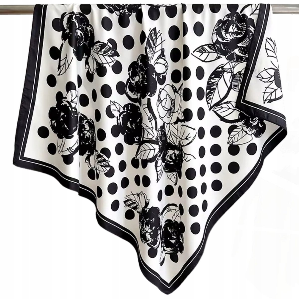Merkloze Zijde-look Sjaal 90x90cm: Wit met Zwarte Stippen & Bloemen