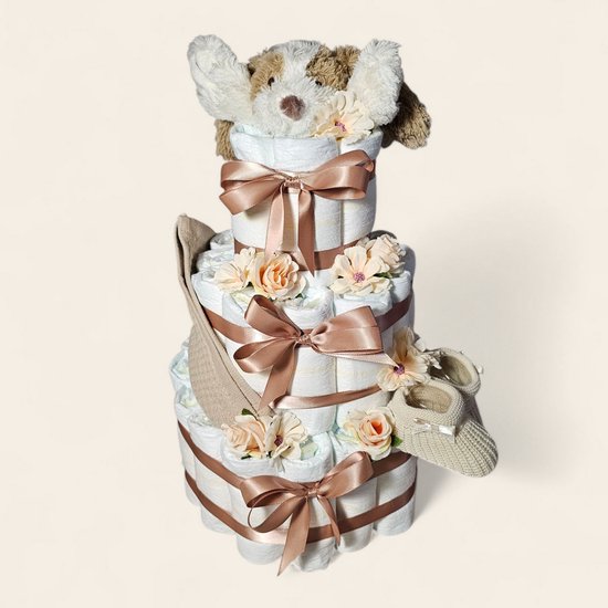 Luiertaart Bruin 3-laags - Groot Kraamcadeau met Dog David van Happy Horse van Luiertaart — afbeelding 2