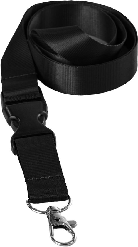 Tour de cou noir en nylon avec boucle à clip et mousqueton métallique.