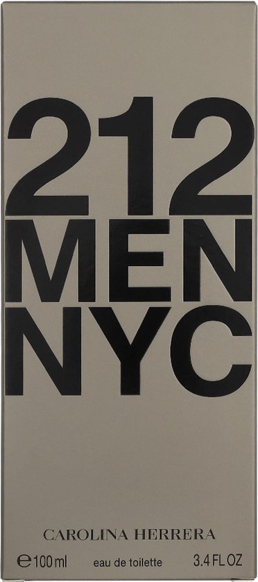Doos met '212 MEN NYC' en 'CAROLINA HERRERA' op een zilveren achtergrond.