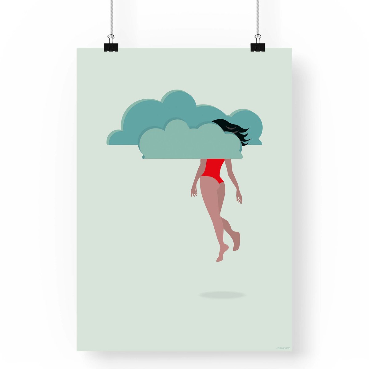 Artprint Dromer - Hoofd in de wolken illustratie in A4 formaat - Poster met dromerig meisje
