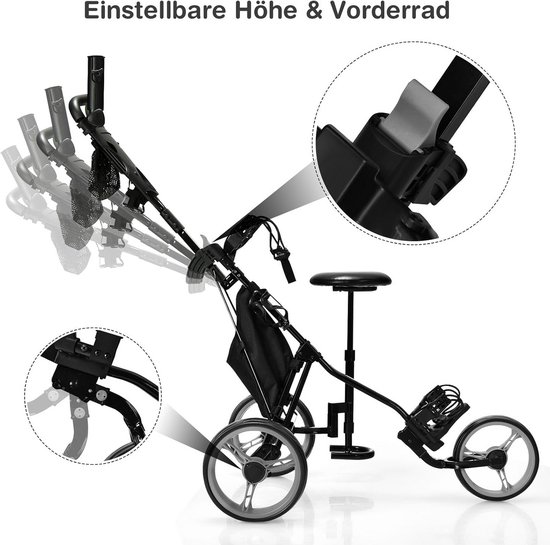 Opvouwbare Golftrolley met 3 Wielen, Zitje en Accessoires van Merkloos — afbeelding 5