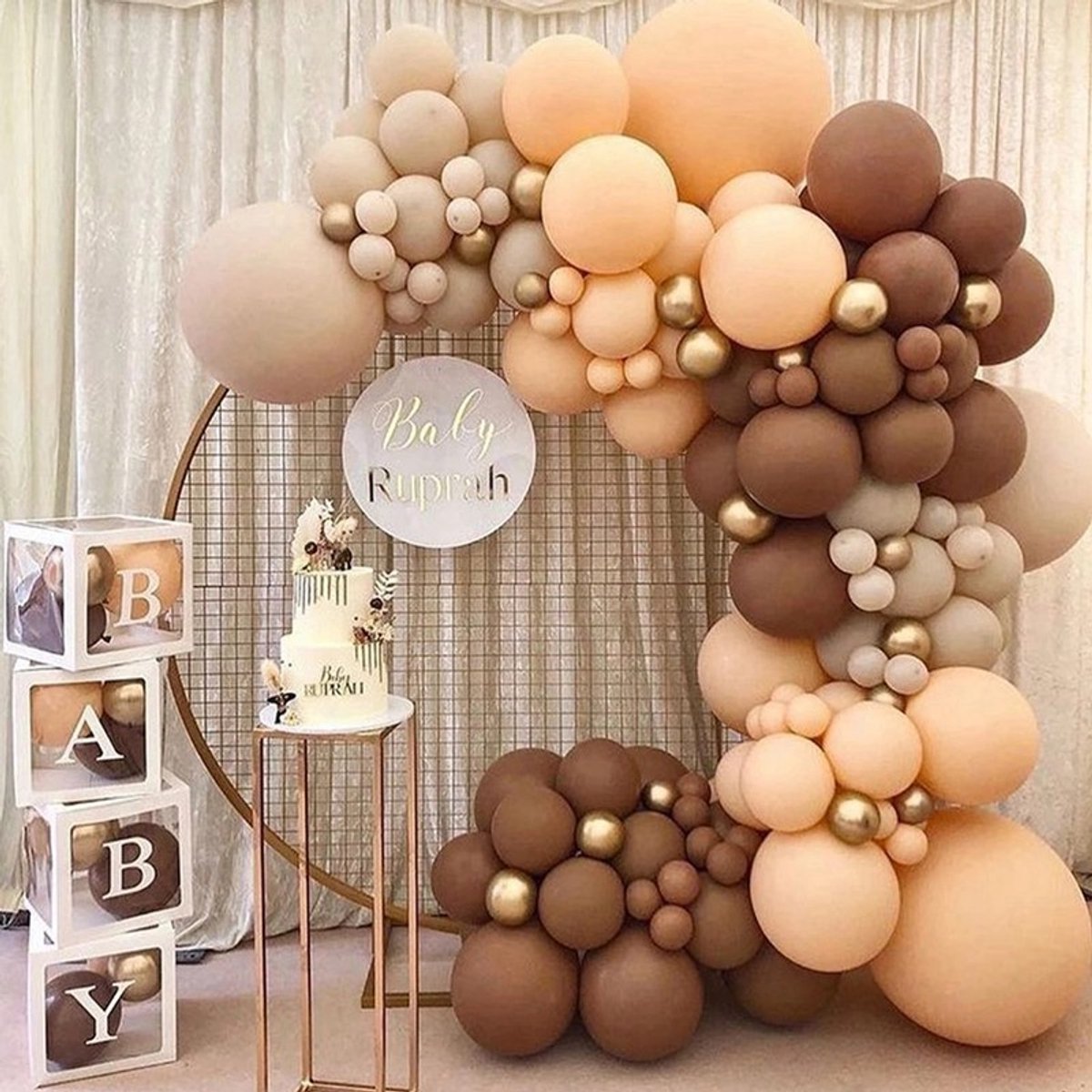 Ballonnenboog Set – 116-delig – Coffee & Apricot met Goud – Inclusief Accessoires – Babyshower, Verjaardag & Boho Feest