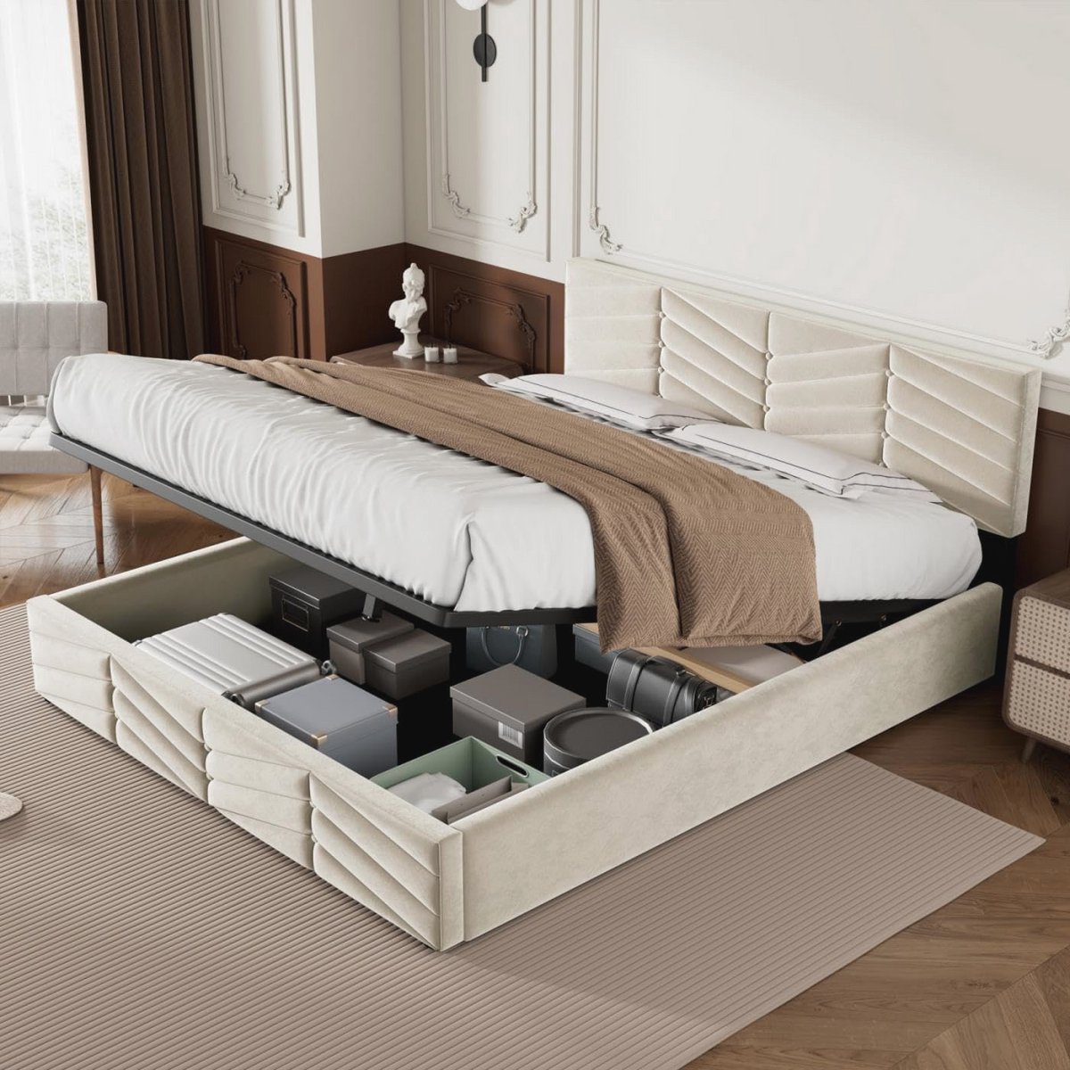 Gecapitonneerd Tweepersoonsbed 160x200 cm met Verstelbaar Hoofdeinde en Hydraulische Functionaliteit - Fluwelen Bedframe in Beige