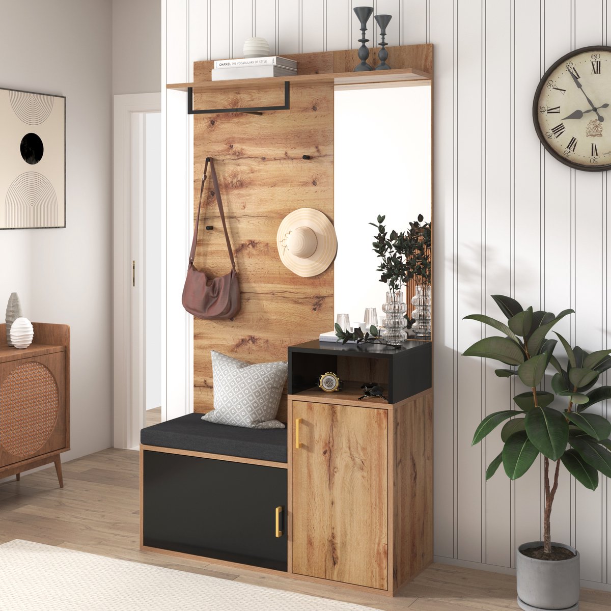 HAUSS SPOLE Garderobeset - Halmeubel Met Spiegel En Schoenkast 9-12 Schoenen - 4 Haken, Garderobestang En Zitbank - MDF/Spaanplaat - 105x40x191,5 Cm - Zwart/Hout