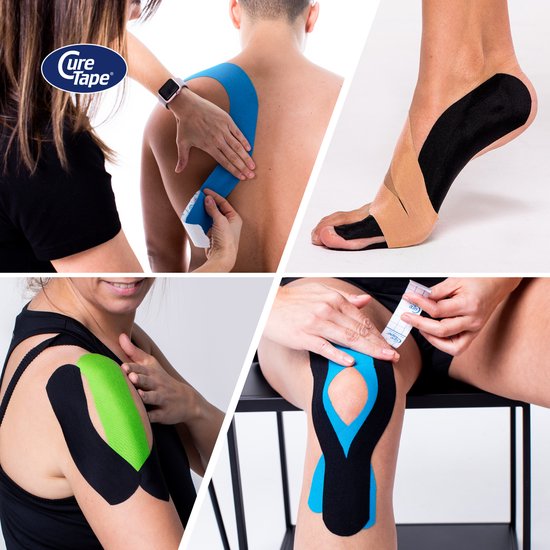 Collage: een man krijgt blauwe tape op zijn rug, een voet met tape, een arm met groene en zwarte tape, en een knie met blauwe en zwarte tape.