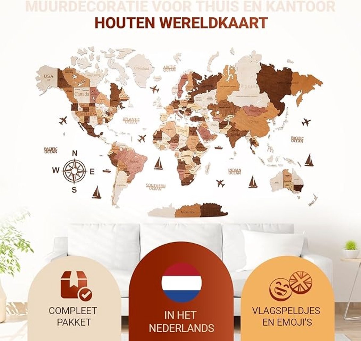 Ronte -  Houten Wereldkaart 3D voor aan de Muur – Met Nederlandse Plaatsnamen | Zonder Boren