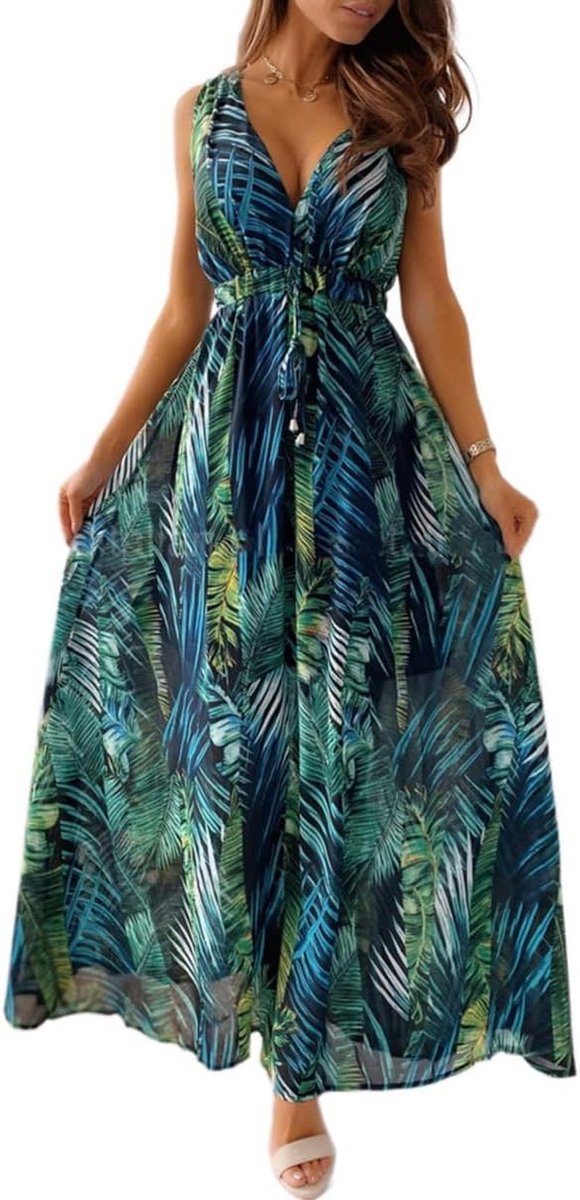 Lange Zomerjurk Dames V-hals Bloemen Maxi Jurk Mouwloos Strandfeest