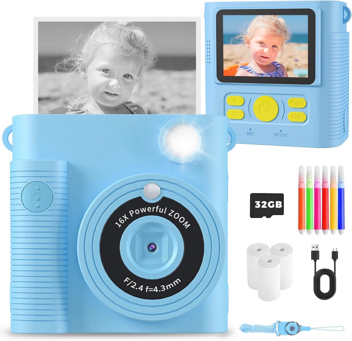 YMEDSUM Instant kindercamera, dual-shutte-camera voor kinderen, direct printen, 1080p HD instant camera, kinderspeelgoed, verjaardag en Kerstmis, cadeaus voor jongens en meisjes van 3-12 jaar