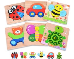 MAGIFIRE Babypuzzels 12-18 maanden - veelkleurig, 6-pack dier- en voertuigvormen met opbergtas, houten puzzels voor peuters - dikke stukken voor fijne motoriek en hand-oogcoördinatie