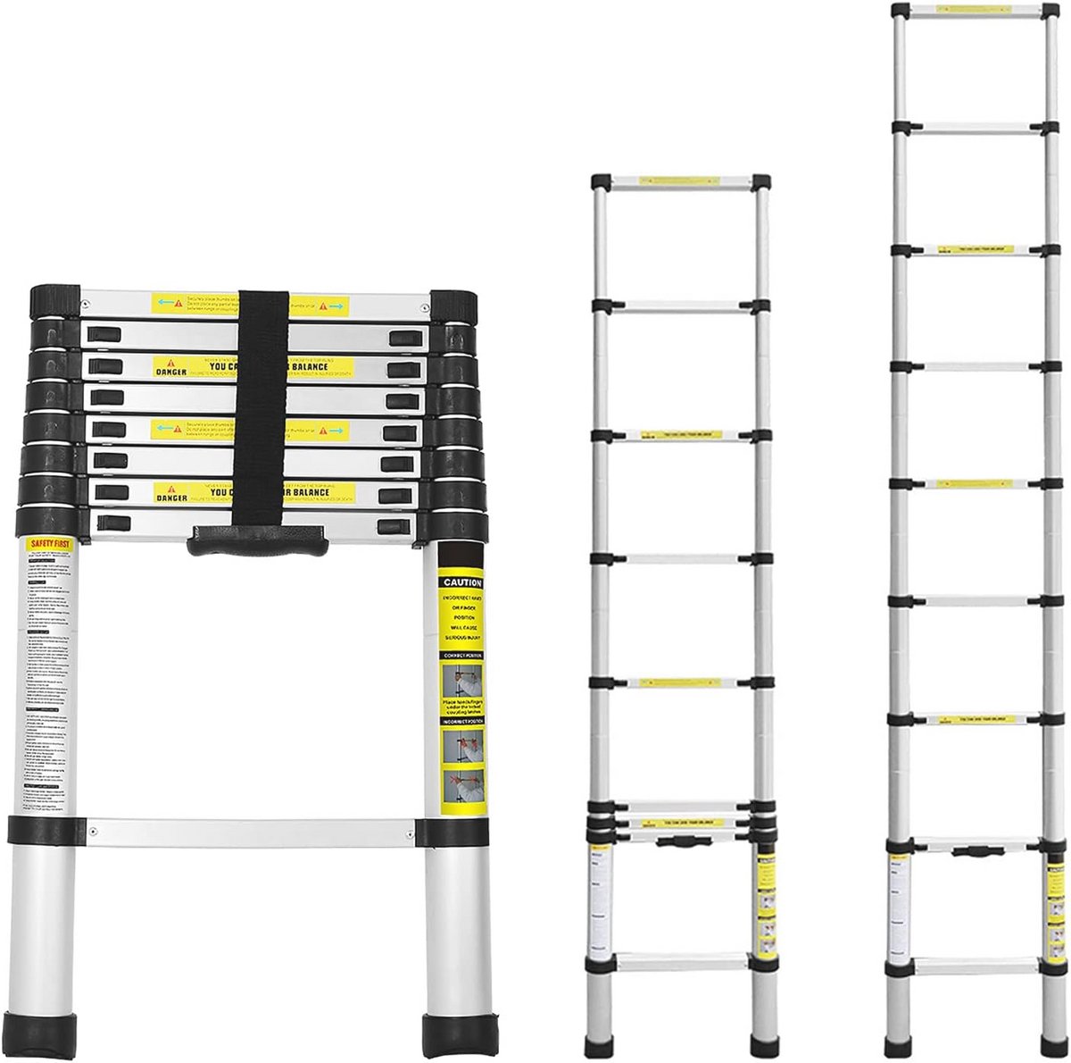 Yakimz Telescoopladder, aluminium, 2,6 m, multifunctionele ladder, 9 sporten - 74 cm tot 2,6 m, ladder, belastbaar tot 150 kg, antislip staande ladder, huishoudladder