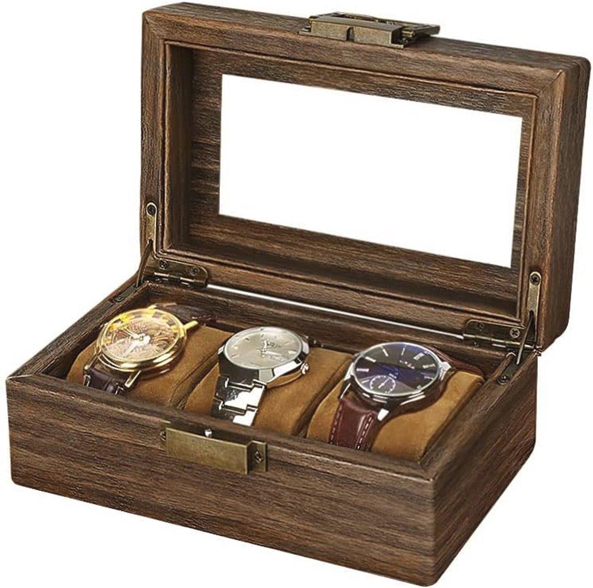 Horloge Box voor Mannen - 3 Vakken Horloge Organizer met Glazen Deksel