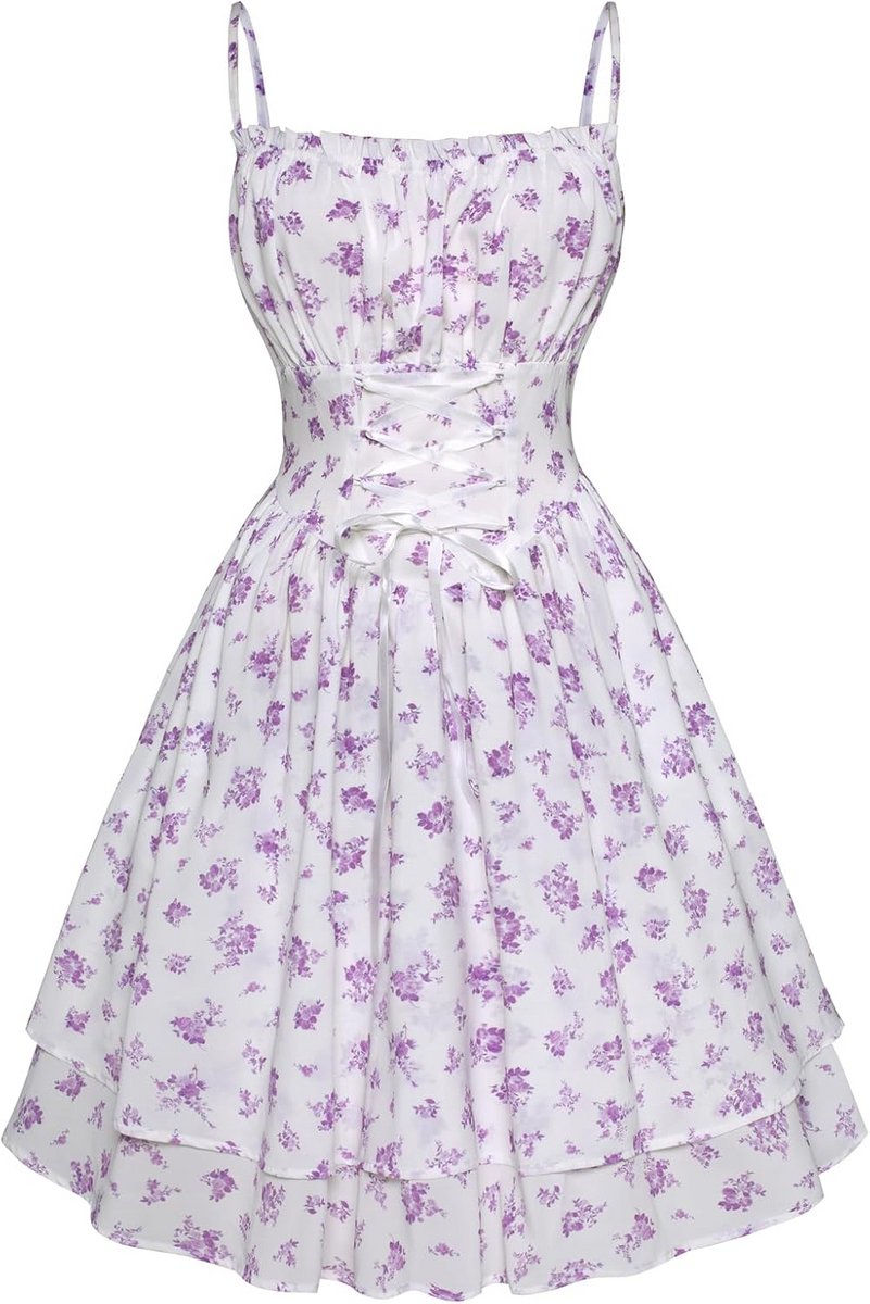Vintage Bloemenjurk Dames met Kant en Spaghettibandjes - A-lijn en Hoge Taille