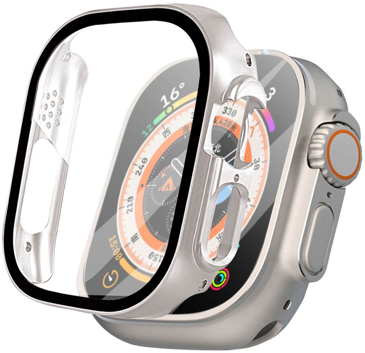 iMoshion Screen Protector Geschikt voor Apple Watch Ultra / Ultra 2 - 49 mm - Titanium - iMoshion Full Cover Hard Case / Hoesje - zilver