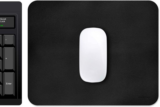 Zwarte muismat met imoshion logo, een witte muis en deel van een toetsenbord.