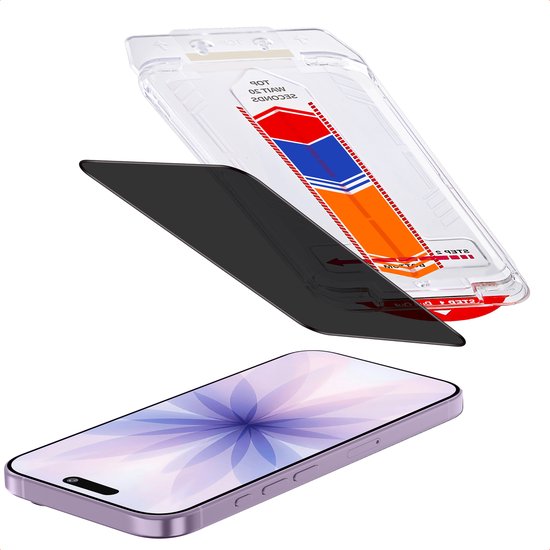Protecteur d'écran de confidentialité et applicateur au-dessus d'un iPhone violet.