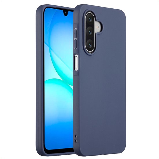 Donkerblauw hoesje op een telefoon, op een witte achtergrond.