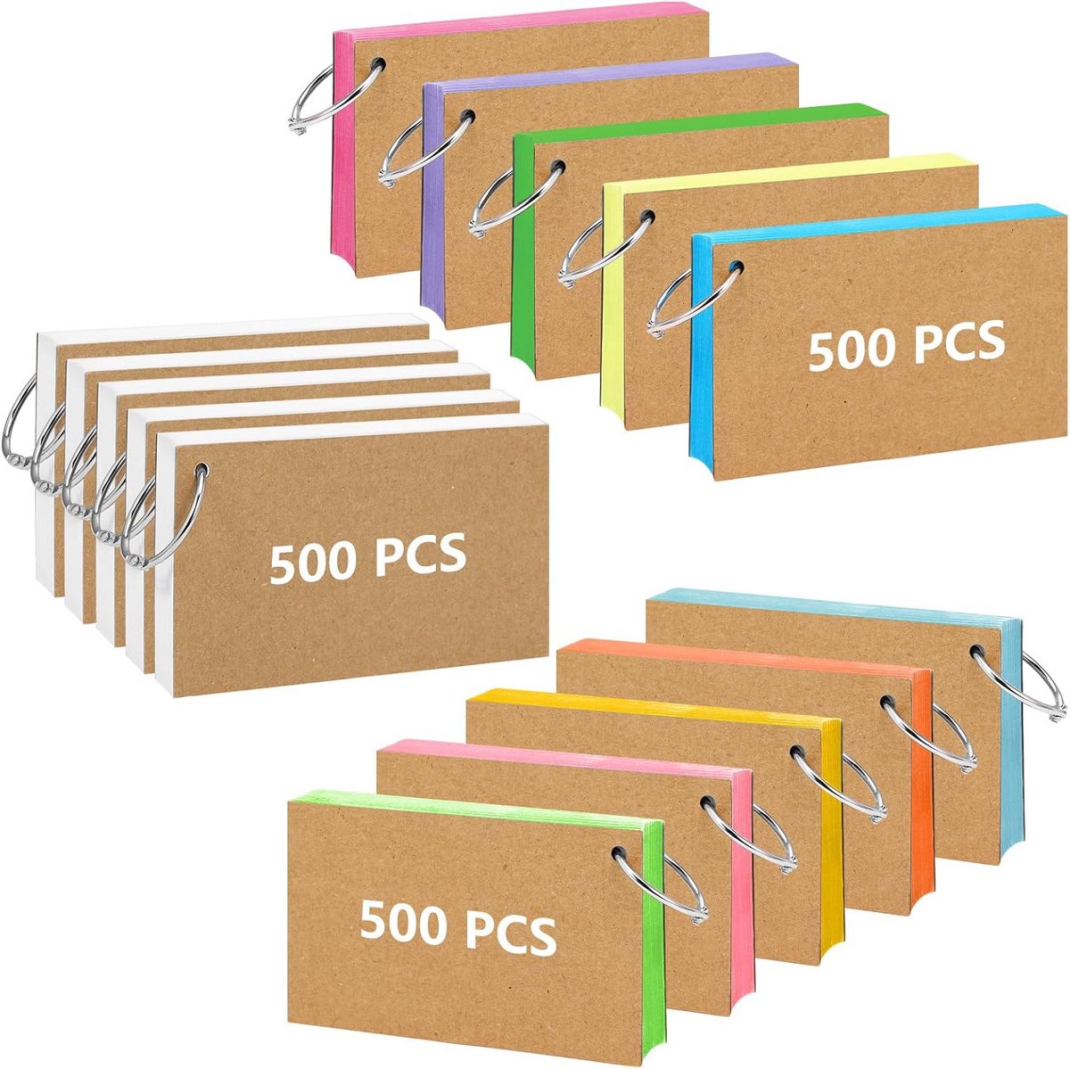 Grote set indexkaarten (1500 stuks) in kleur met ringen voor studie en kantoor