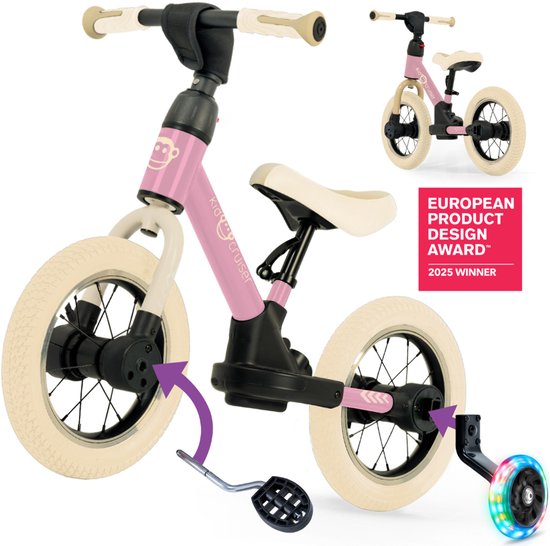Kidcruiser Loopfiets 2+ jaar - Met LED Zijwieltjes & Trappers - 3-in-1 Kinderfiets - 12 inch – Roze & Creme wit – Modulair Design - Driewieler loopfiets