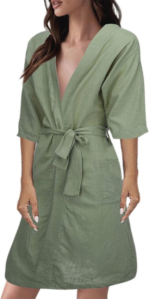 LZPCarra Badjas dames licht dun linnen - linnen badjassen dames korte mouwen nachtkleding zomer ochtendjas met riem huispak lichte reisbadjas sauna-slaapjas/saunamantel nachtkleding