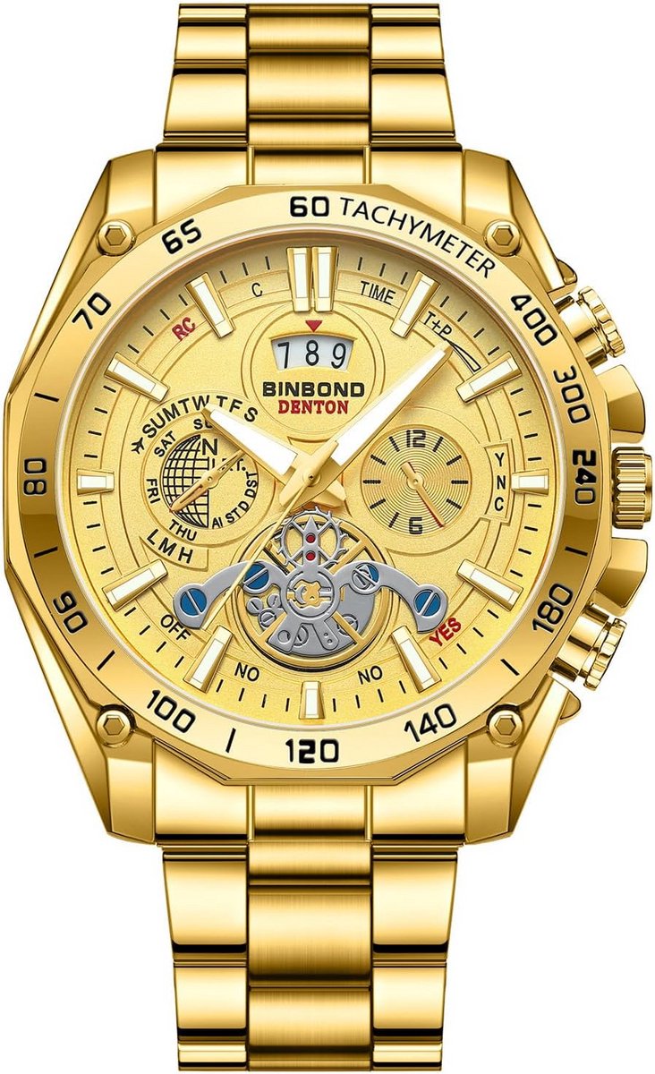 Luxe Heren Horloge met Tourbillon en Datum Kalender - Waterdicht Gouden RVS Polshorloge