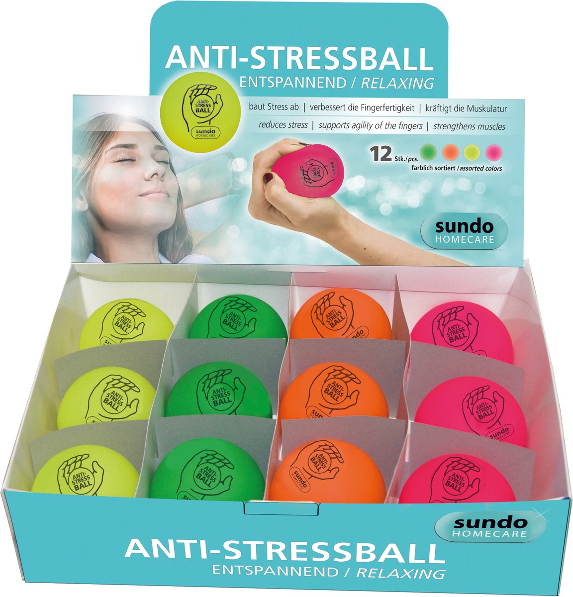 Sundo Anti-stressbal - Stressvermindering handtraining (kleur niet kiesbaar) - Geel/ groen/ roze/ oranje