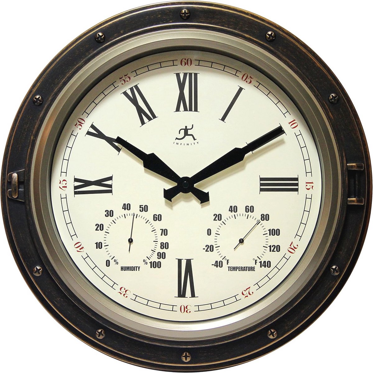Wandklok met Thermometer en Hygrometer - Stijlvol en Duurzaam Weerstation voor Binnen en Buiten, 16 Inch, Brons