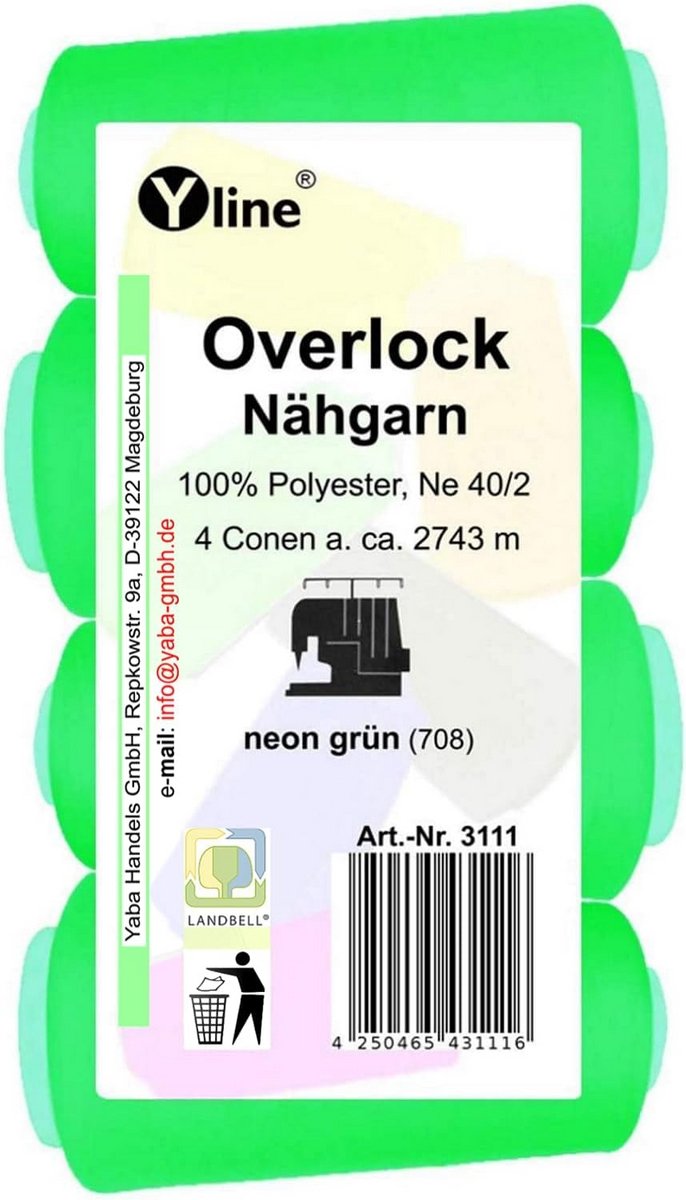 Overlock naaigaren set - 4 stuks, neon groen, 2743 m, 100% polyester