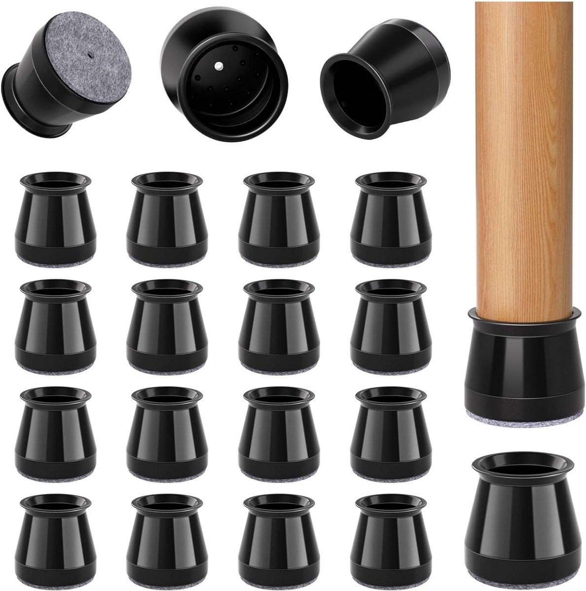 32 Stuks Stoelpootdoppen met Vilt - Zwarte Silicone Beschermers voor Houten Vloeren (23-32mm)