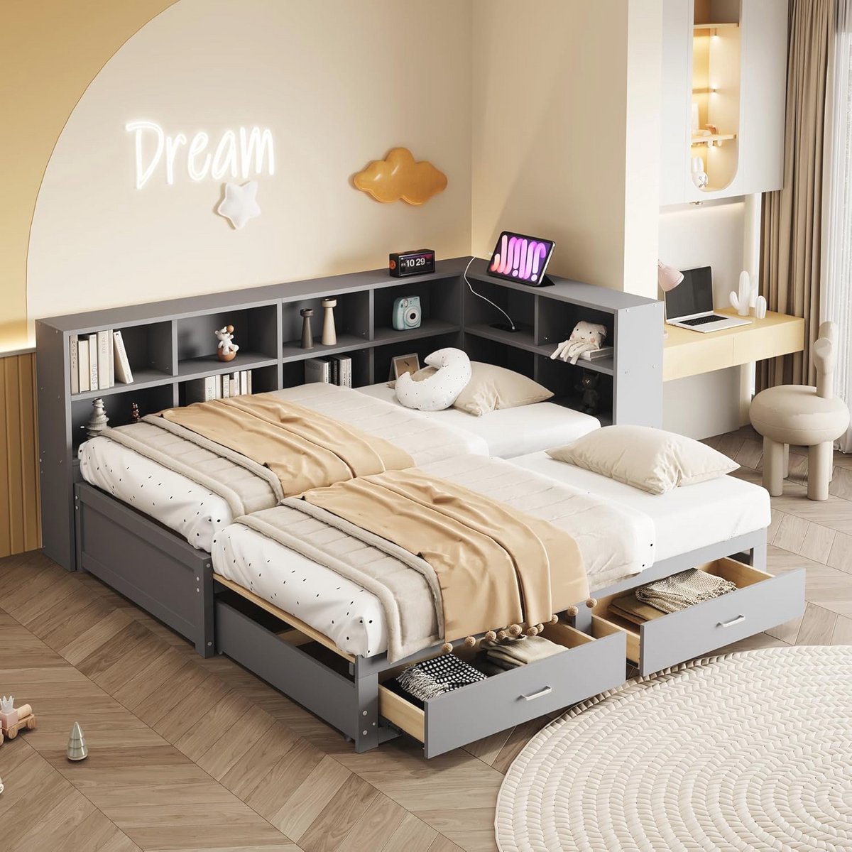 Multifunctioneel Houten Slaapbank met Opbergruimte en Uittrekbaar Bed, 90/180 x 190 cm