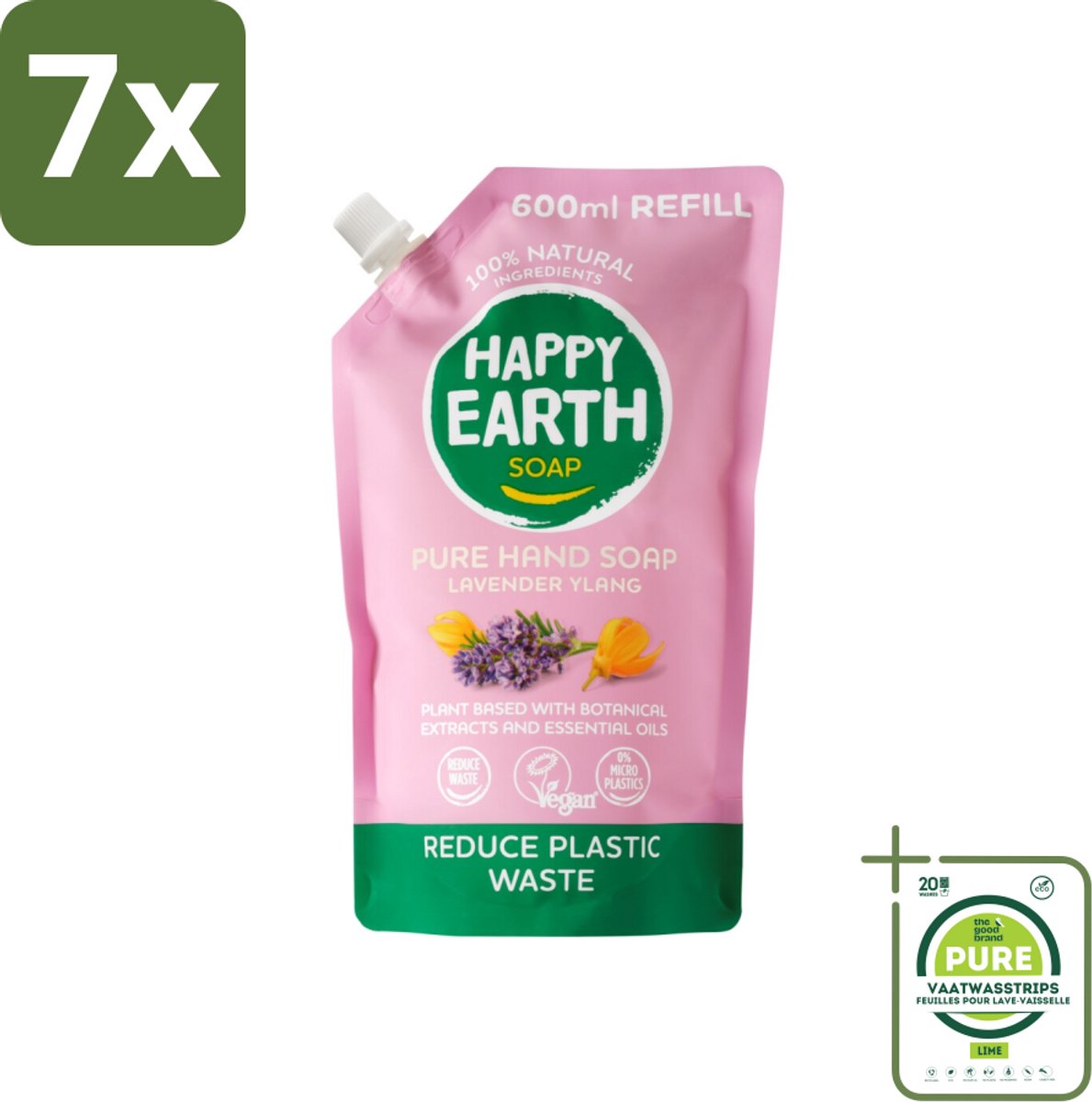 7 x Happy Earth – Handzeep Navulling – 100% Natuurlijk Lavender Ylang – 600 ml - Grootverpakking - Natuurlijke Handzeep - Navulverpakking - Lavendel - Ylang - Vegan Handzeep