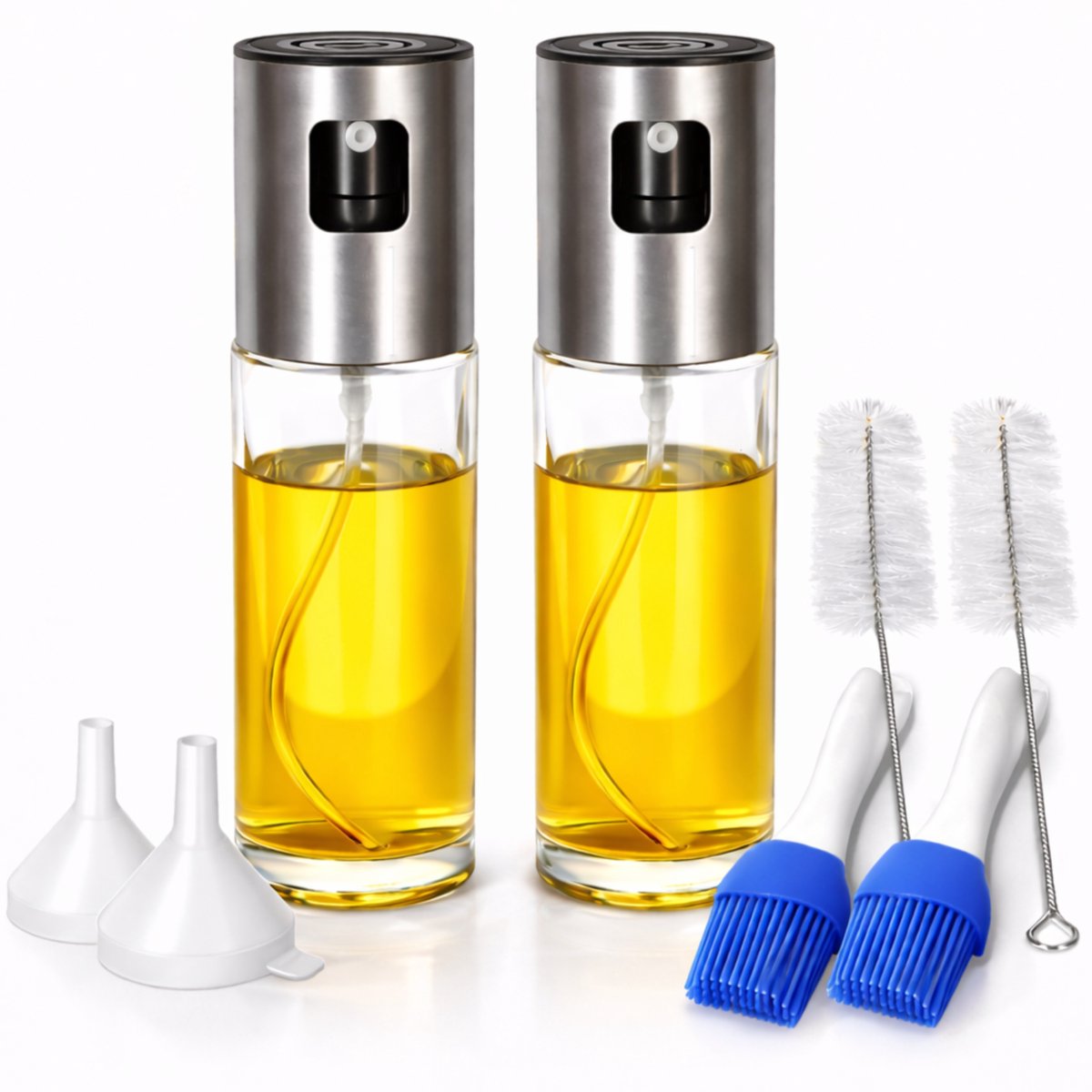 2 Olijfolie Sprayers Premium - Olie Sprayer Navulbaar - Oliefles - RVS & Glas - Inclusief Trechters & Reinigingsborstels - Voor Airfryer, BBQ & Bakken