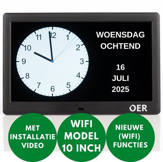 OER Dementieklok - Groot Scherm (10 Inch) - Kalenderklok voor Senioren - Automatische Wissel Zomer en Wintertijd - Digitaal & Analoog - Schrijf Eigen Meldingen/Alarmen - Extra Wifi Functies - Zwart