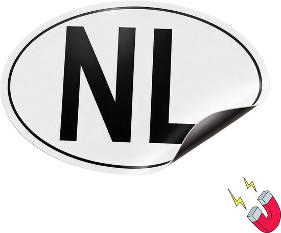 Autocollant magnétique ovale "NL" noir sur fond blanc, avec un coin courbé et une image d'aimant en fer à cheval.