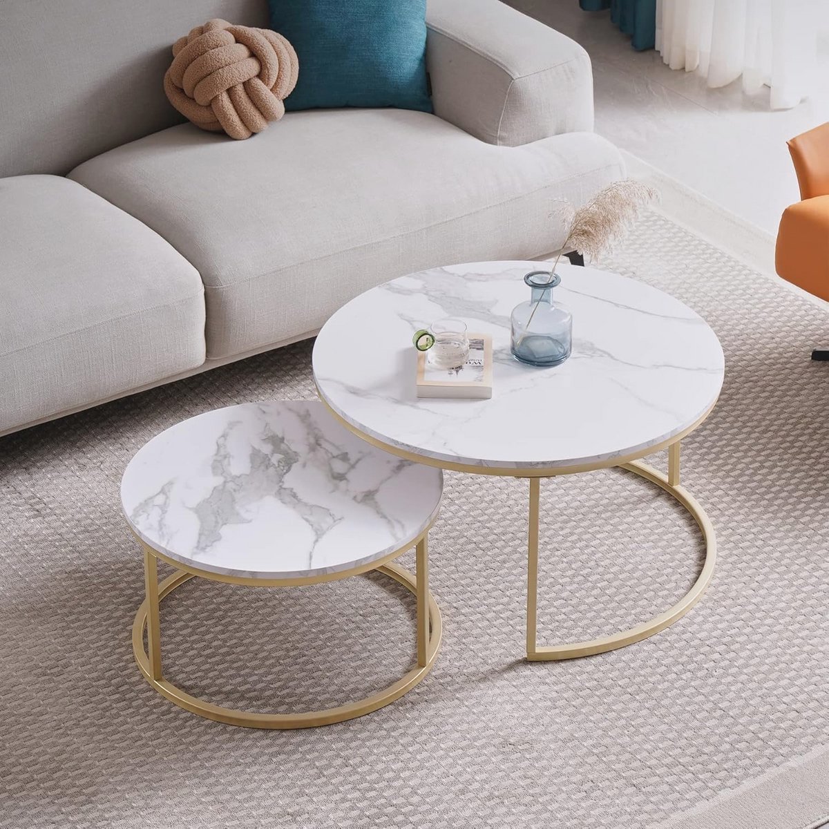 Set van 2 moderne ronde salontafels van marmer imitatie voor woonkamer en kantoor