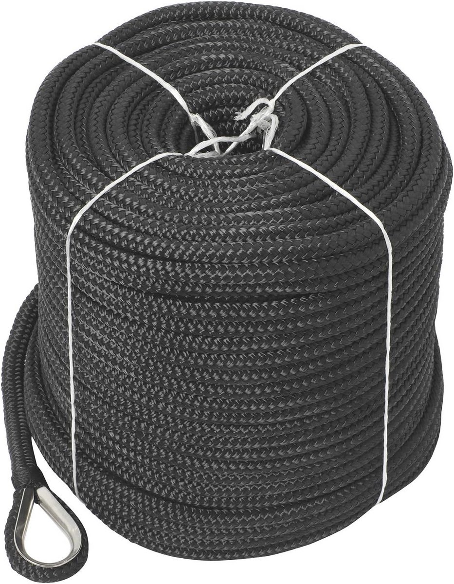 3/8" x 200' Dubbele Vlecht Nylon Ankerlijn met Roestvrij Stalen Vingerhoedje - Zwart